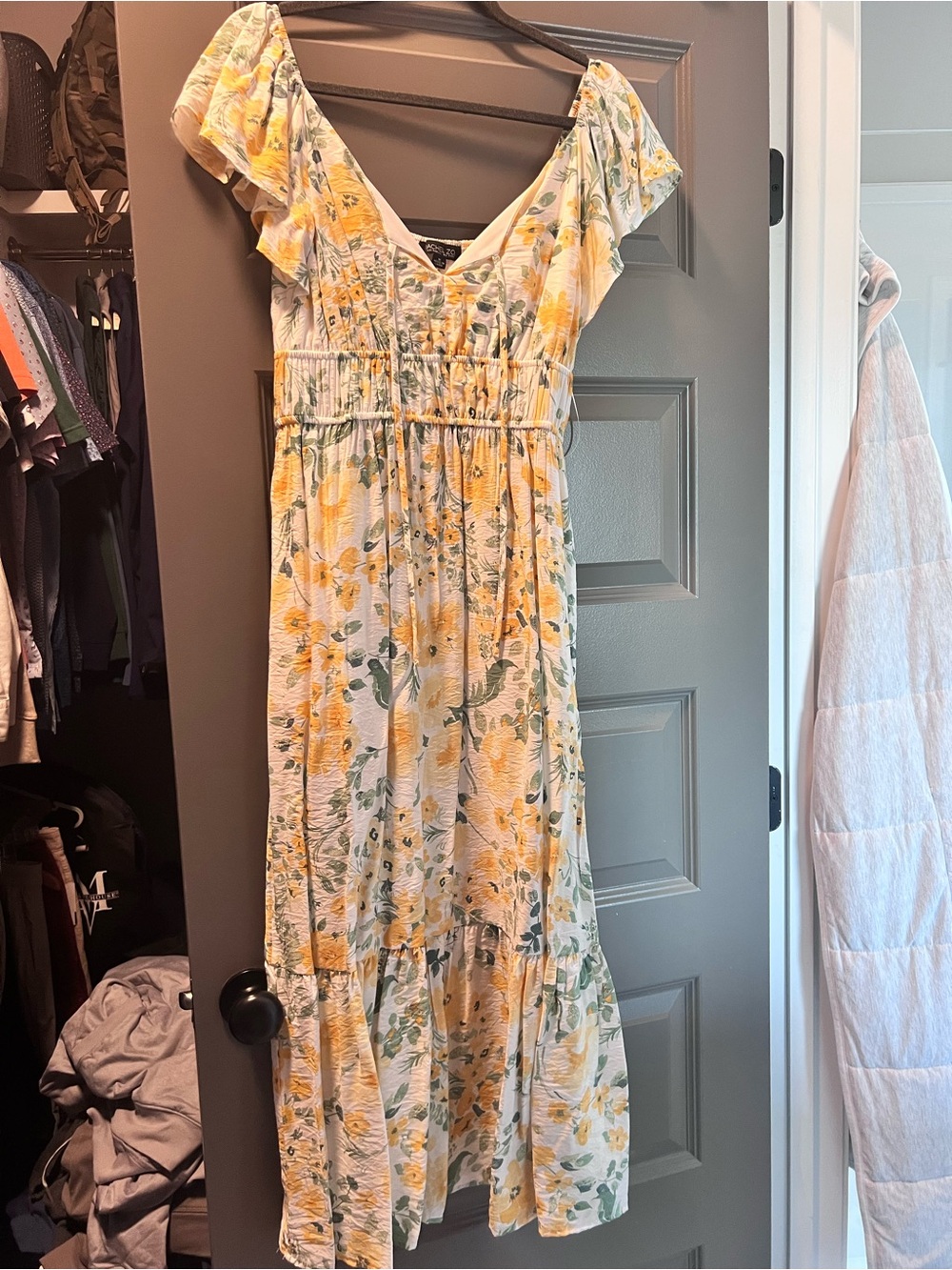 Rachel Zoe Cream Dress with Yellow Floral and Green Leaves